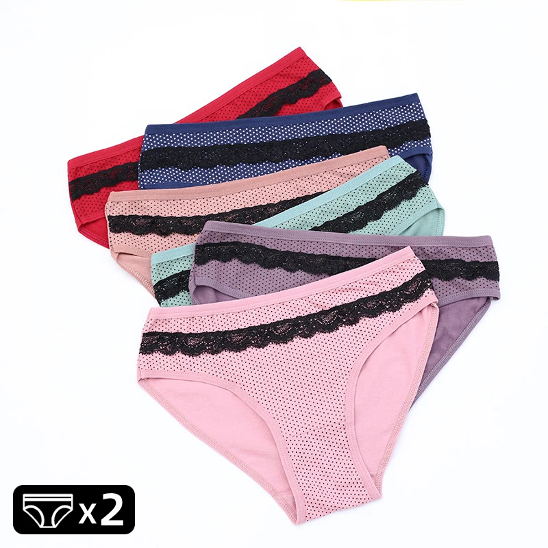 2Pcs M-XL Women's Lace Trim Mesh Underwear Breathable Mid Waist Panties Comfortable Daily Use Briefs 2 Pieces Set
