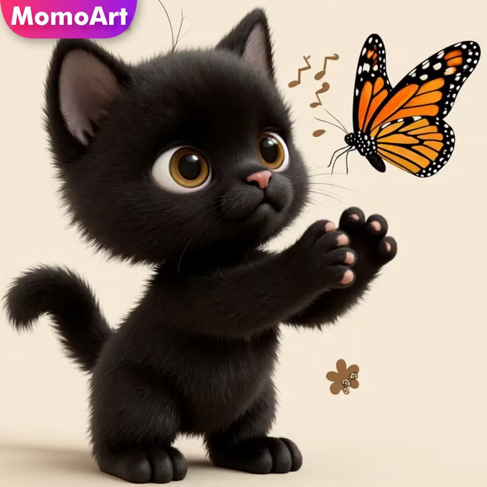 Momoart Neuerscheinung Diamant-Stickerei Schwarze Katze Gemälde Vollquadratische Runde Diamant-Mosaik Schmetterling Tier DIY Handgemachtes Geschenk