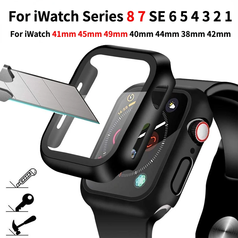 

2 In 1 Tempered Glass+Case for Apple Watch Series 8 7 41mm 45mm iWatch SE 6 5 4 3 2 1 38mm 40mm 42mm 44mm