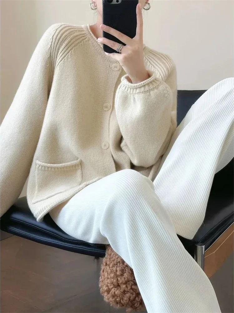 Knitted Cardigan Women Long Sleeve Vintage Sweater Oversize Elegant Tops Coats Casual Spring Knitwear Outwear