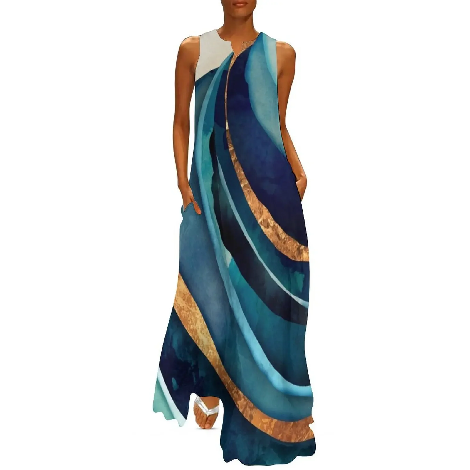 

Abstract Blue with Gold Long Dress long dress women summer women's summer dresses 2025 Dress vintage bandage