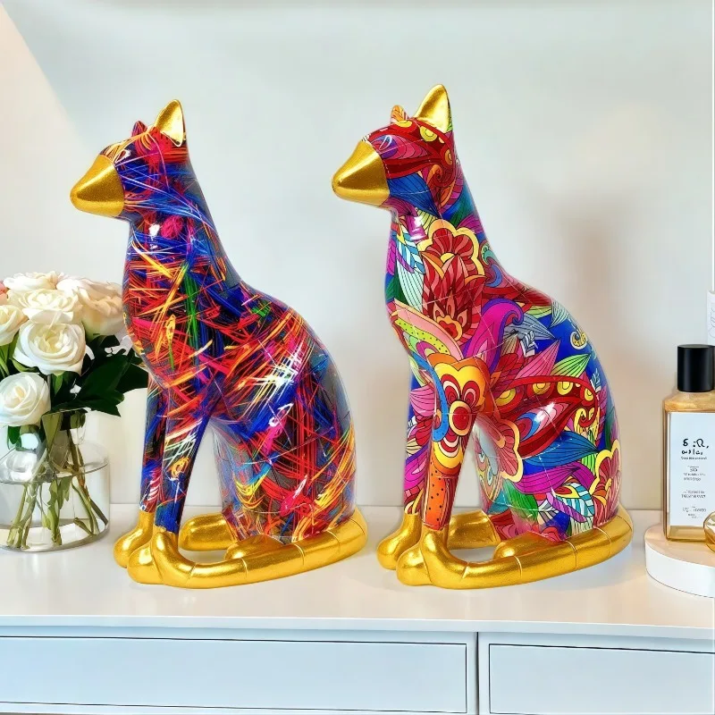 Colorful Water Transfer Printing Gold Tail Cat Decoration Office Study Resin Abstract Decoration Statue Bedroom Desktop