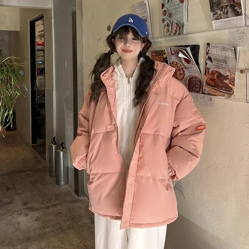 Blue Fake Two-Piece Hooded Bread Coat Winter New College Style Warm Thick Coat Casual Loose Female Down Jacket Comfortable Coat