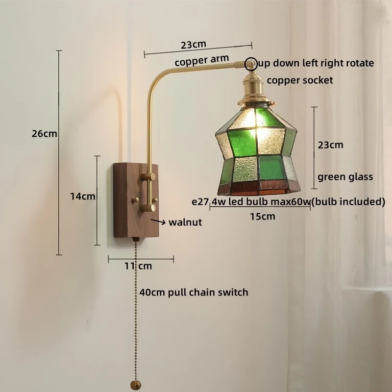 IWHD Glass Walnut LED Wall Lamp Pull Chain Switch Bedroom Living Room Corridor Modern Bathroom Mirror Light Fixtures Home Decor