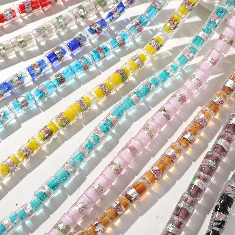 5pcs New 16X9mm Cylindrical Glaze  Beads Hand-Painted Flower Pattern Lampwork Glass beads for Making DIY Bracelet Earrings Jewel