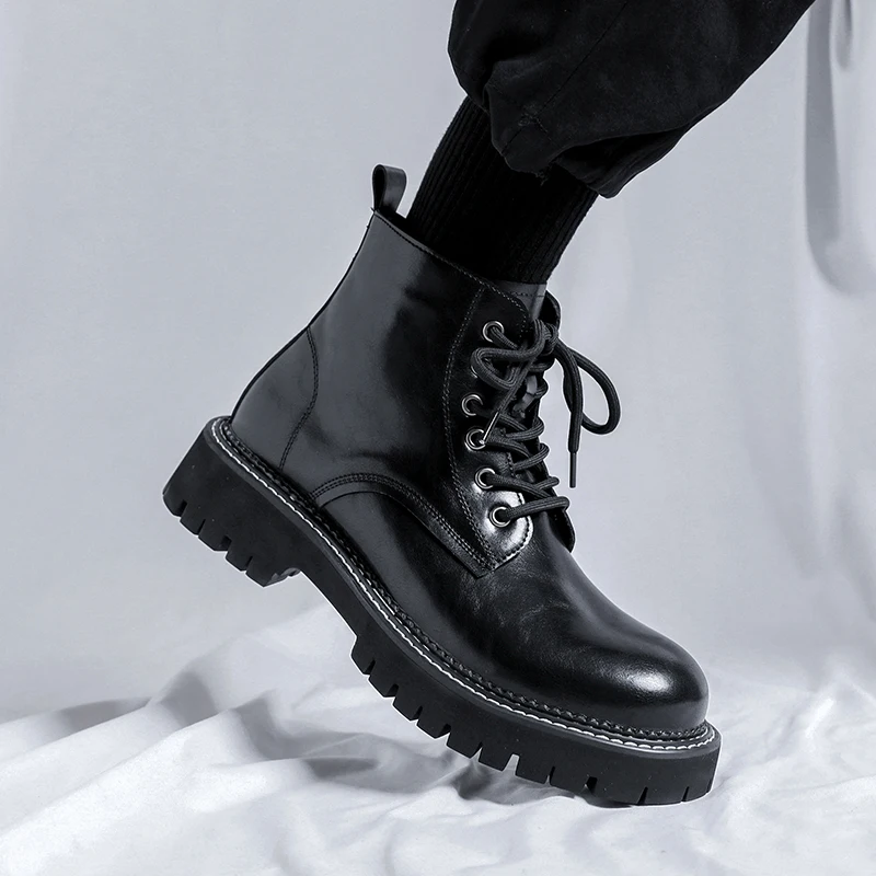 

Men High Top PU Thick Soled Round Toe Lace Up Business Work Boots