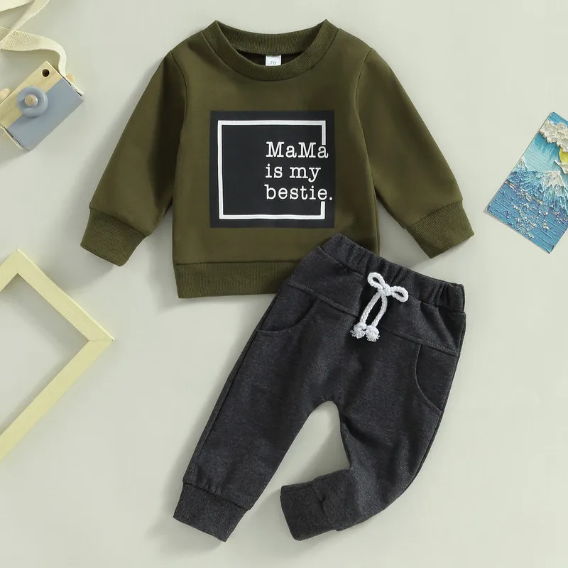 Newborn Baby Boy Pant Sets 2Pcs Outfits Autumn Clothes Long Sleeve Letter Pullover Tops and Pocket Pants Baby Items Clothing