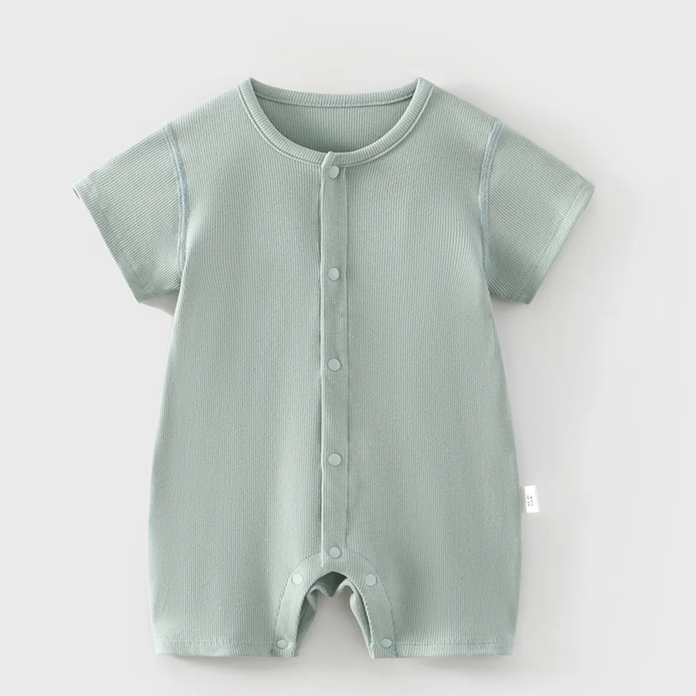 Baby Summer Thin Short Sleeve Ribbed Romper Soft Breathable Air Conditioning Solid Color Unisex Baby Jumpsuit For Boys Girls