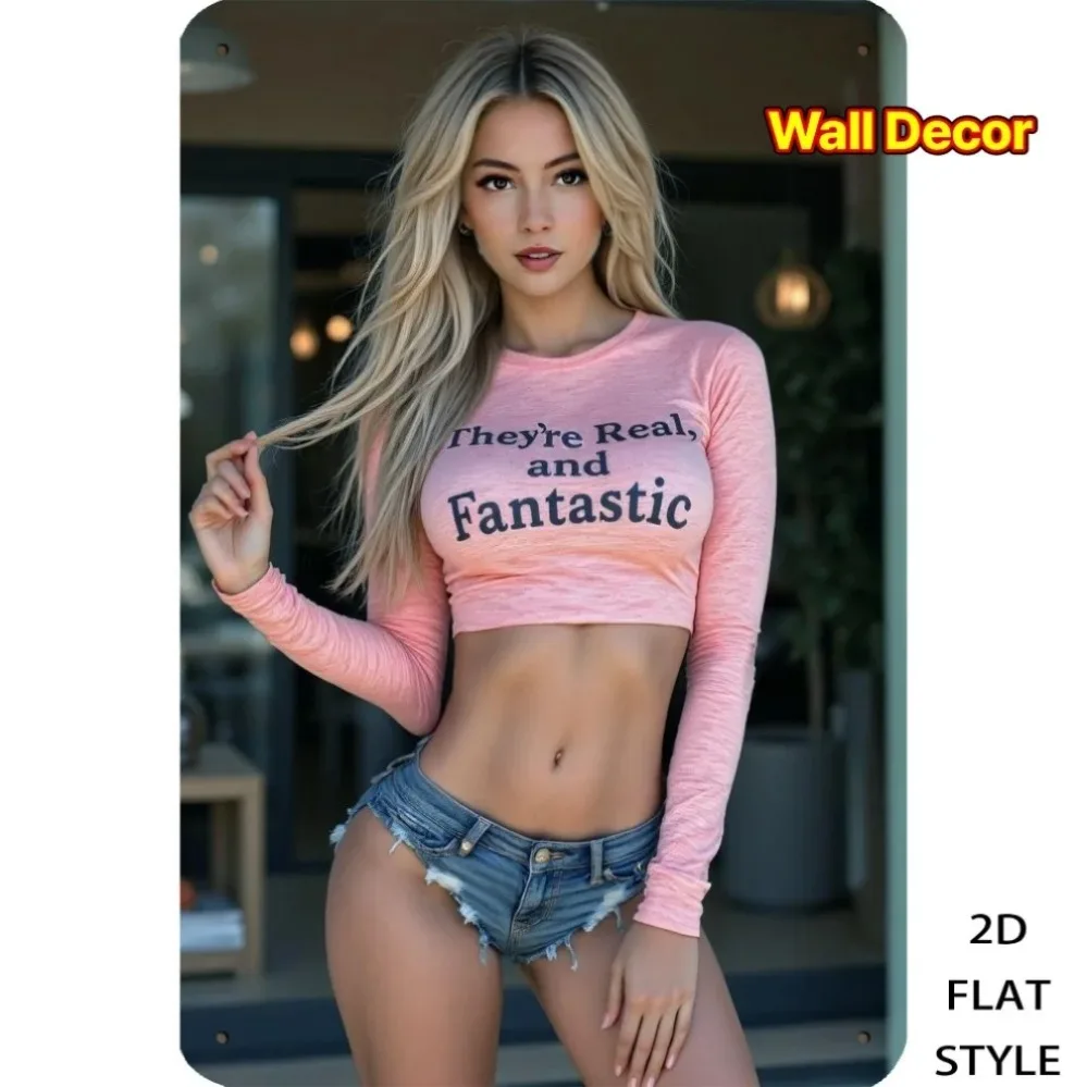 Brand Vintage Metal Wall Art 8x12 Inch - Retro Blonde Lady Pink Top Iron Decor with Pre-Drilled Holes 