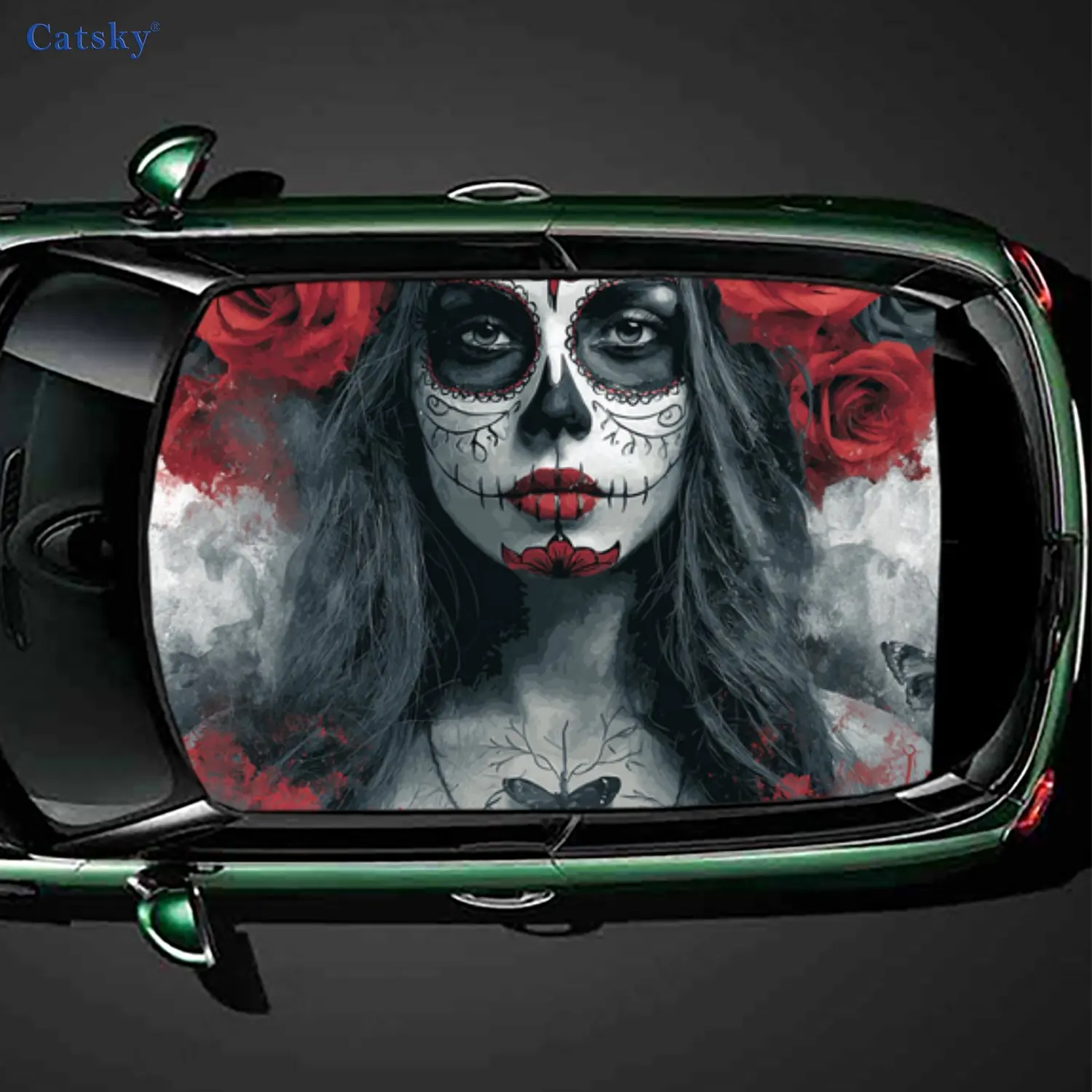 Beautiful Sugar Skull Makeup Girl Red Rose Car Roof Sticker, PVC Self-Adhesive Waterproof Car Vinyl Decal, Car Decoration Protec