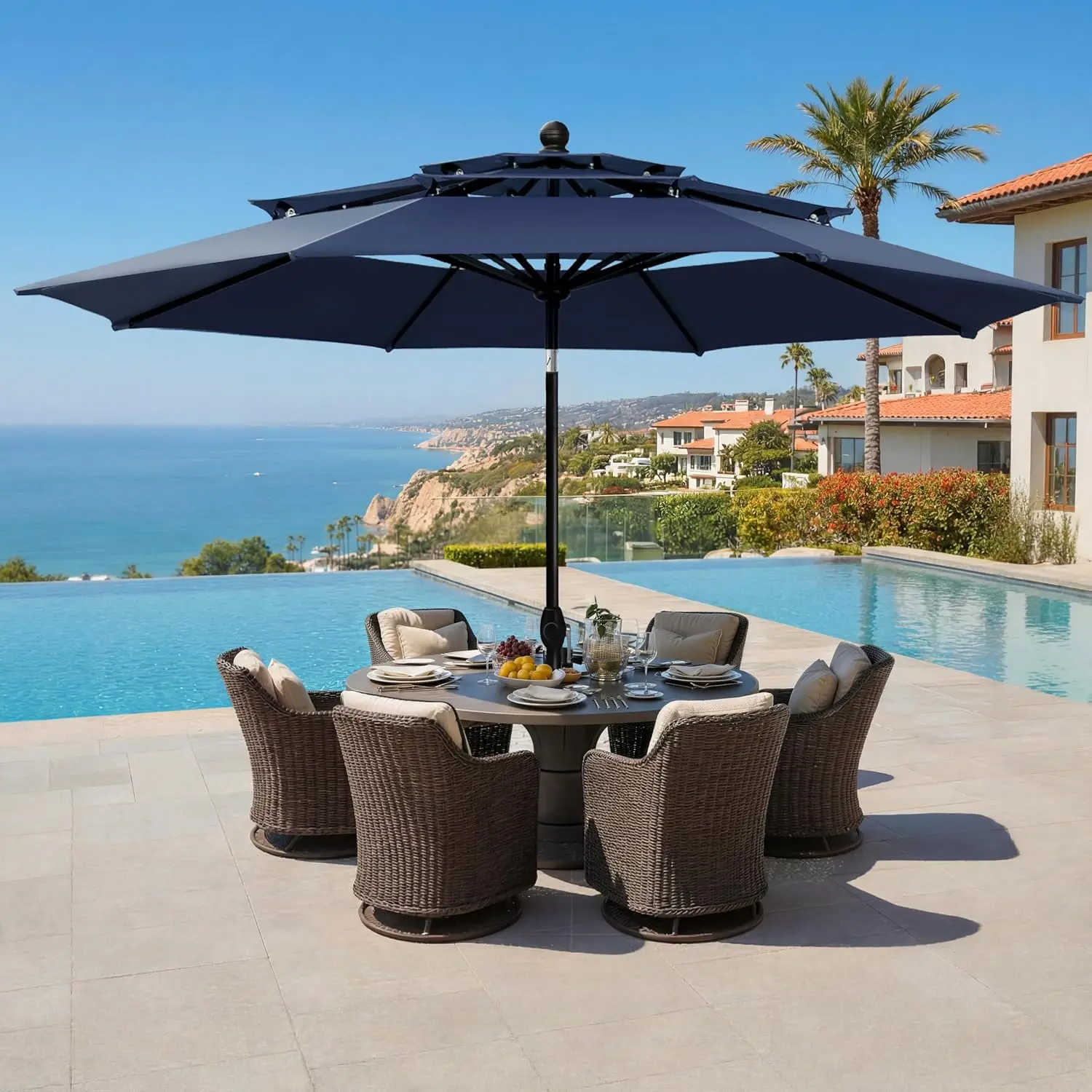 10 ft Patio Umbrellas 3 Tier Vented for Outdoor Garden Backyard, Navy |  Auto-tilt Table Umbrellas for Outside,Customized