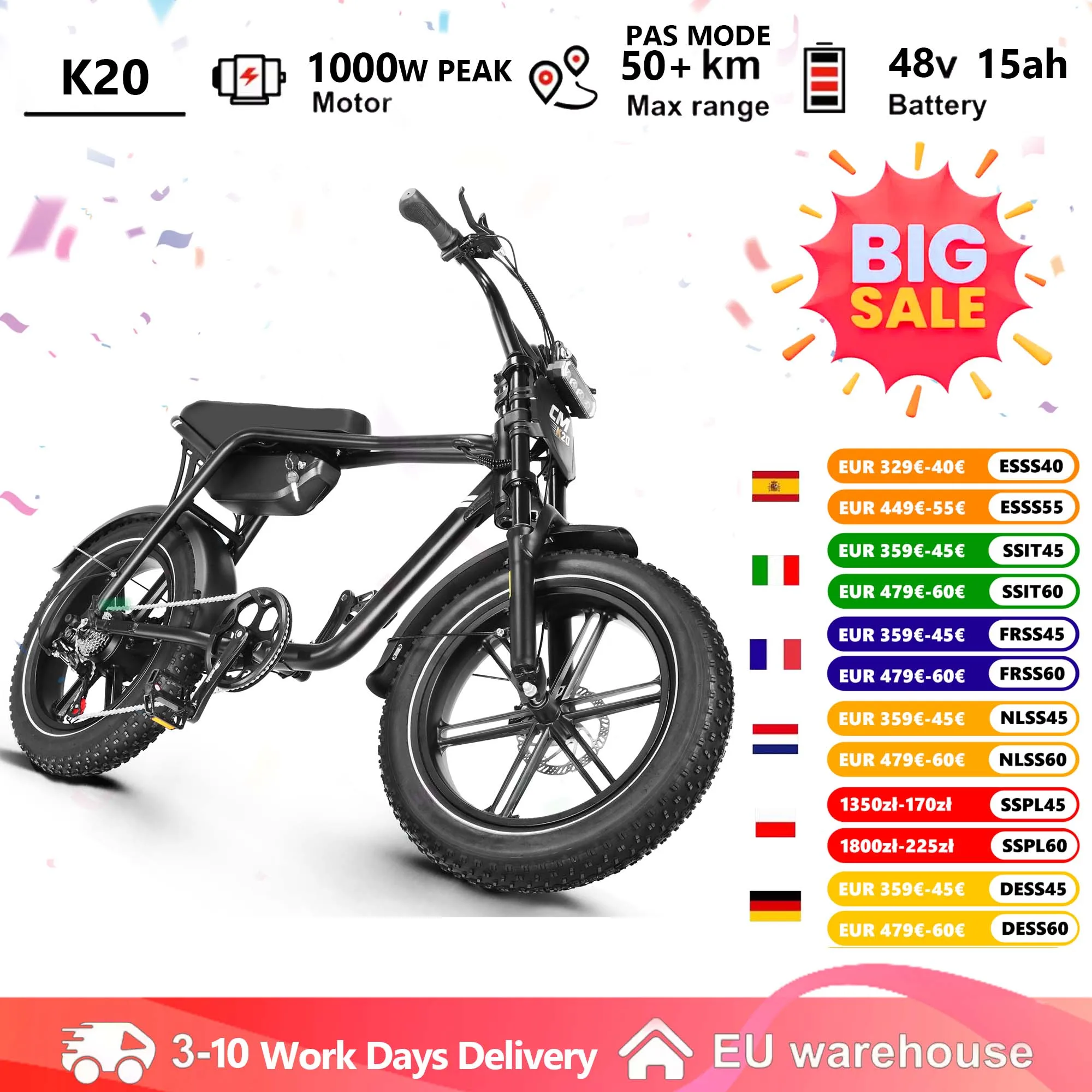 Vélo électrique 20 pouces pour adulte, batterie 48V 15Ah, eBIKE, puissance de pointe 1000W, pneus larges, VTT électrique, vélo de banlieue