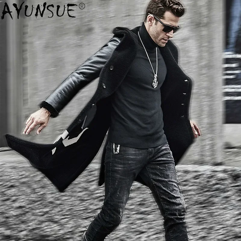 AYUNSUE Winter Coat Men's Fake Leather Jacket Men Clothing 100% Wool Windbreaker Double Side Coats Hommes Veste LXR547