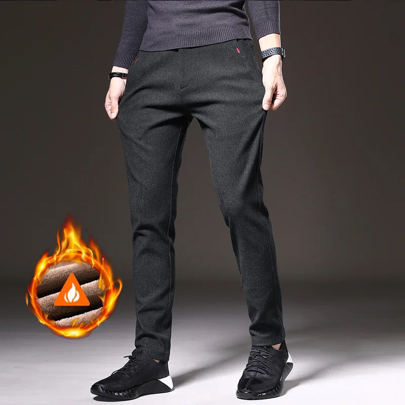 Winter Warm Men\'s Brushed Casual Pants Business Straight Slim Thick Fleece Trousers Plush Brand Male Clothes 28-38