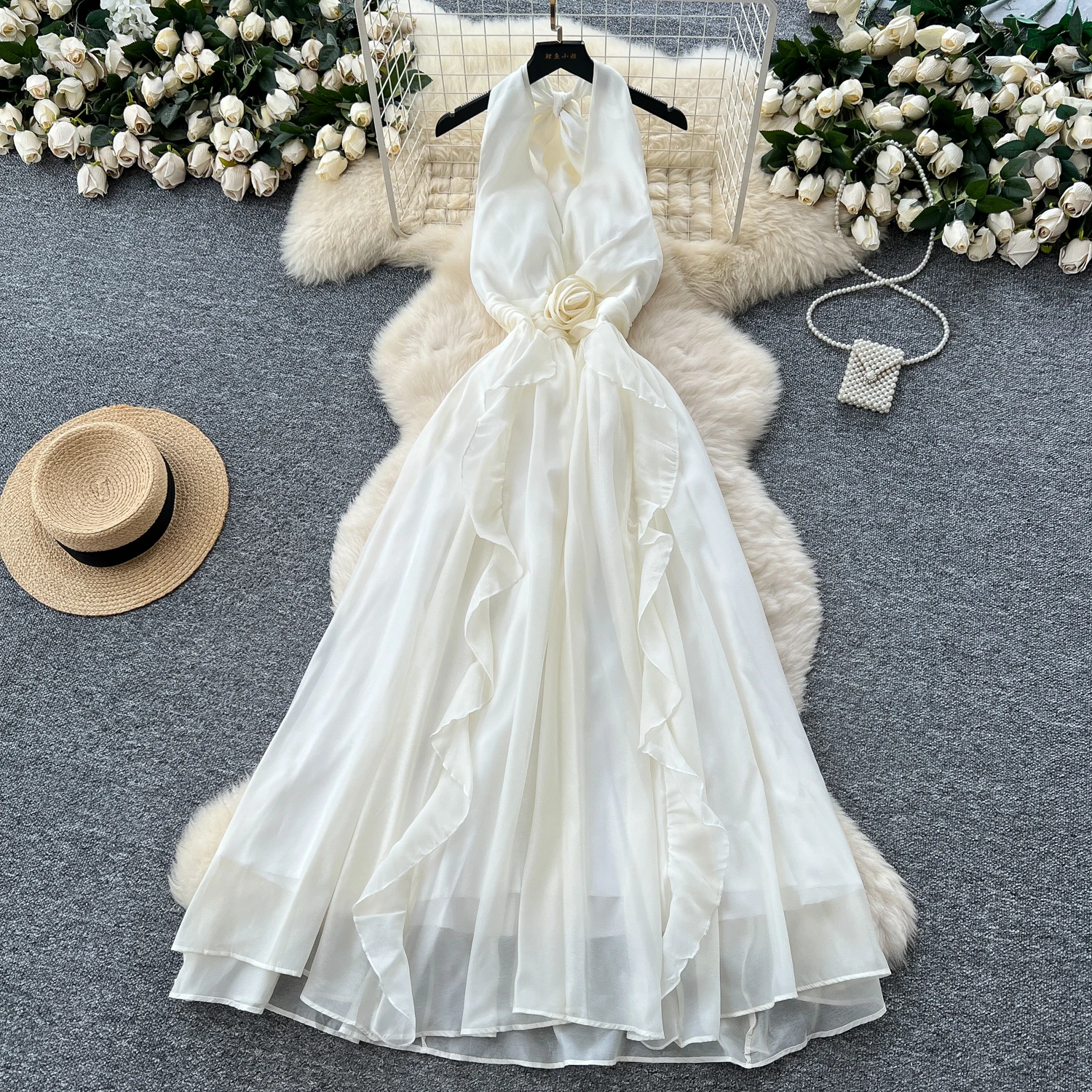 Chic Sexy espalda descubierta halter tridimensional floral Slip Vestido Hada A-line Vestido playa vacaciones mujeres Boho Sundress