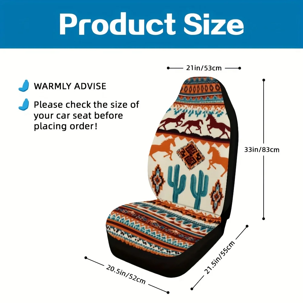 2pcs Aztec Print Car Seat Covers - Vibrant Cactus & Horse Design, Durable Polyester, Machine Washable, Fit For Most Cars, Unique