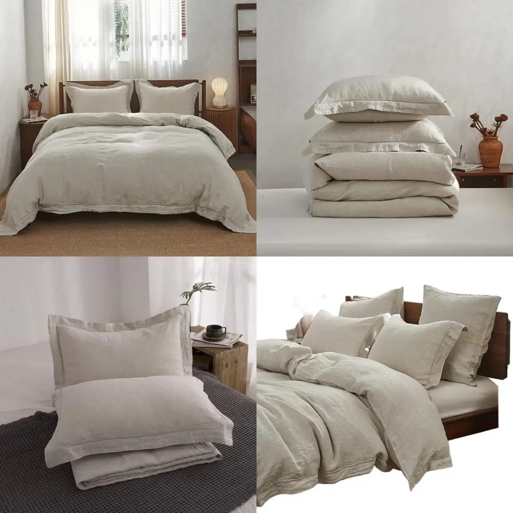 

Комплект постельного белья из 100% льна с вышитой отделкой - дышащий, размер Queen, 3 предмета (1 пододеяльник + 2 наволочки)