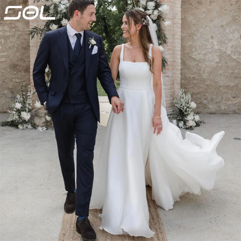 Vestido De Novia De satén con tirantes finos, traje De Novia con cuello cuadrado, corte en A, espalda descubierta