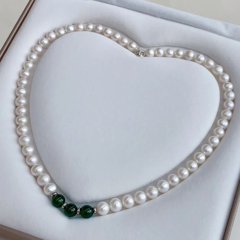 8-9Mm Near Round Freshwater Pearl Necklace Natural Agate Collarbone Chain S925 Silver Earrings Bracelet