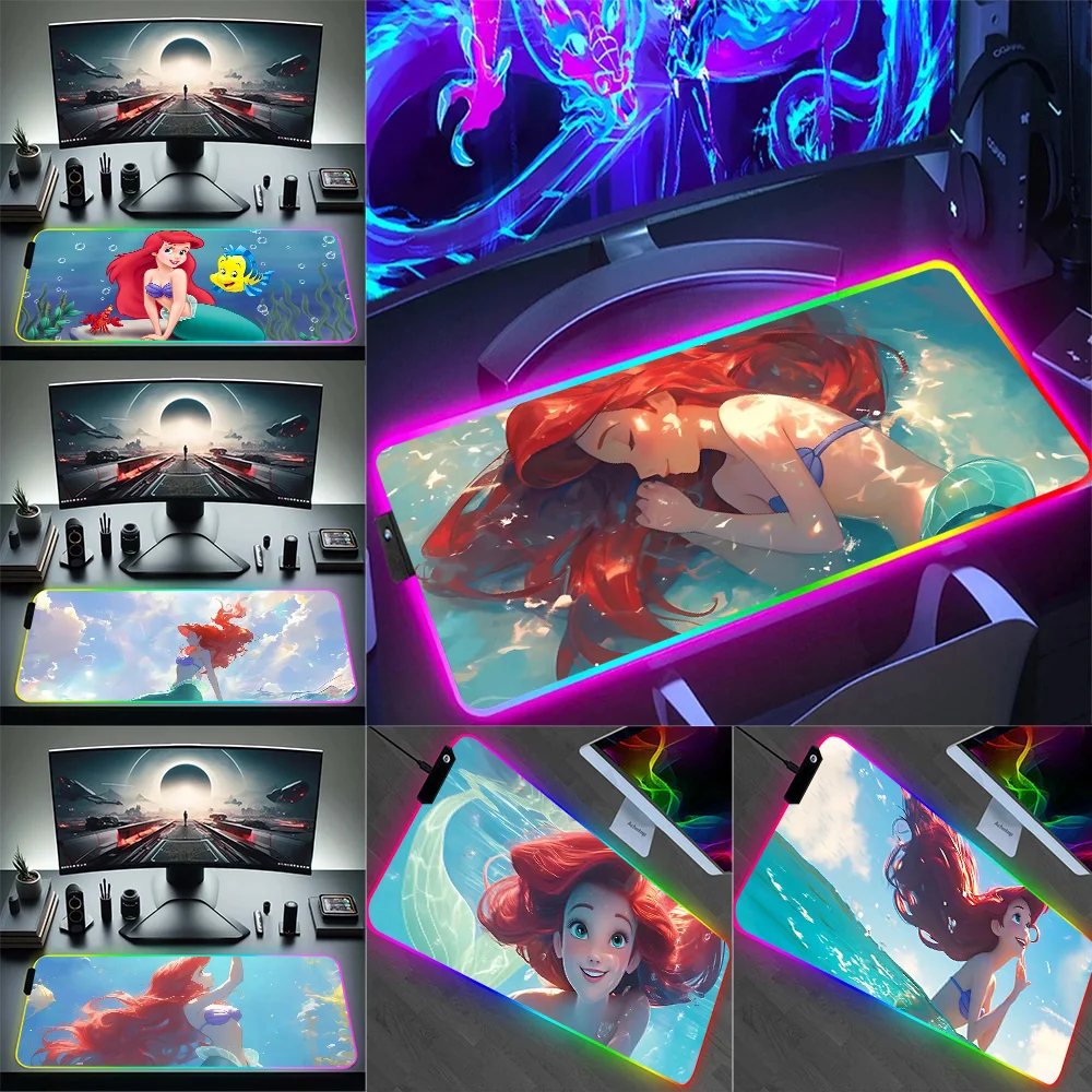 RGB Princess Ariel Pc Gamer Keyboard Mouse Pad Mousepad LED Glowing Mouse Mats Rubber Gaming Computer Mausepad