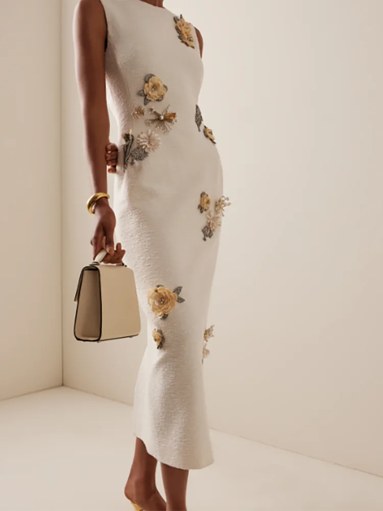 

Elegant O-Neck Sleeveless Applique Flowers Slim Formal Evening Dresses Birthday Party Prom Gowns Customized