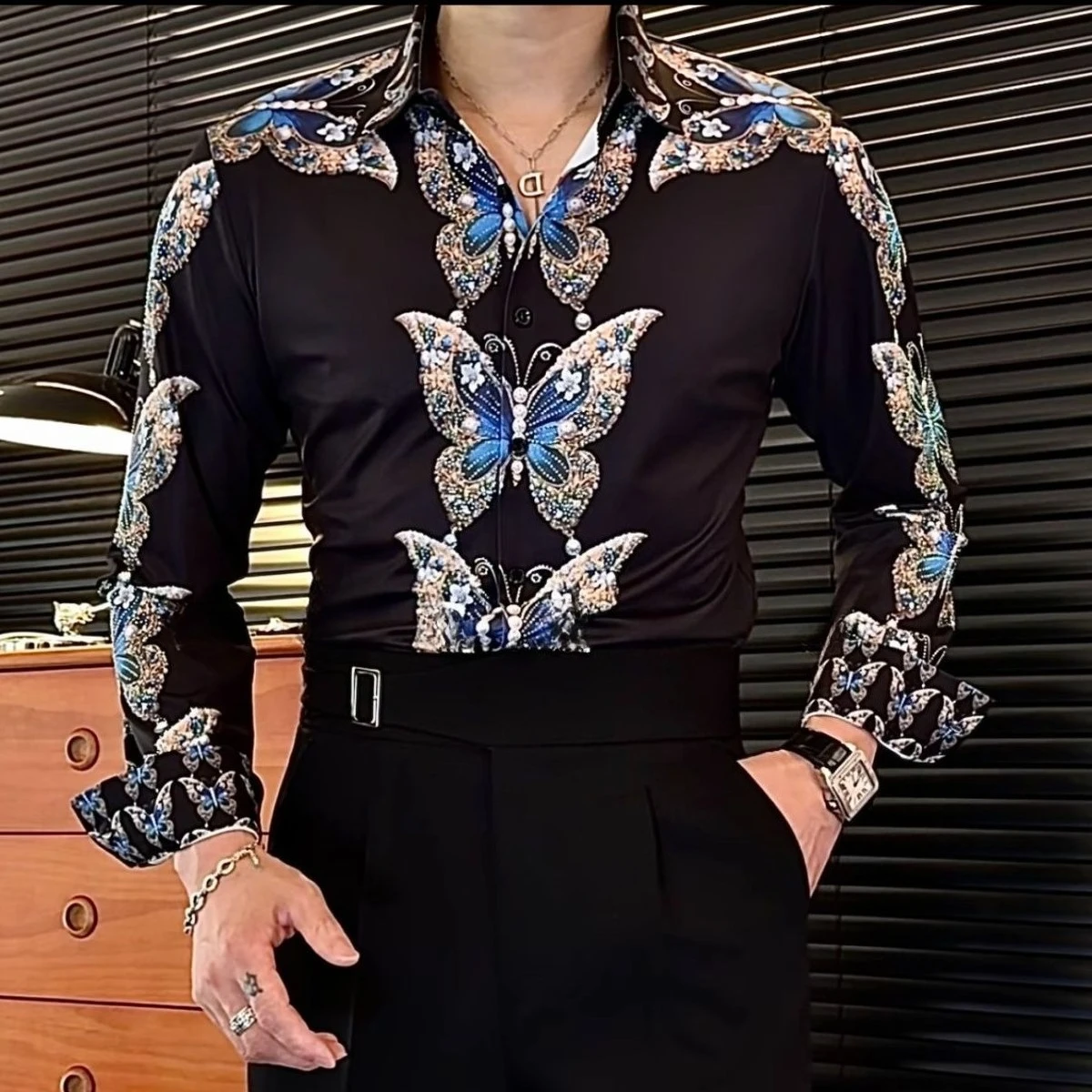 Men's 2026 Summer New Arrival Light Luxury Shirt Elastic Rhinestone Butterfly Print Slim Fit Wrinkle Resistant Stretchable Top