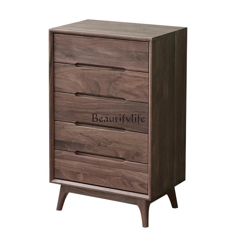 1lAmerica Black Walnut Five-Drawer Wooden Chest of Drawers Nordic Italian-Style Light Luxury Drawer