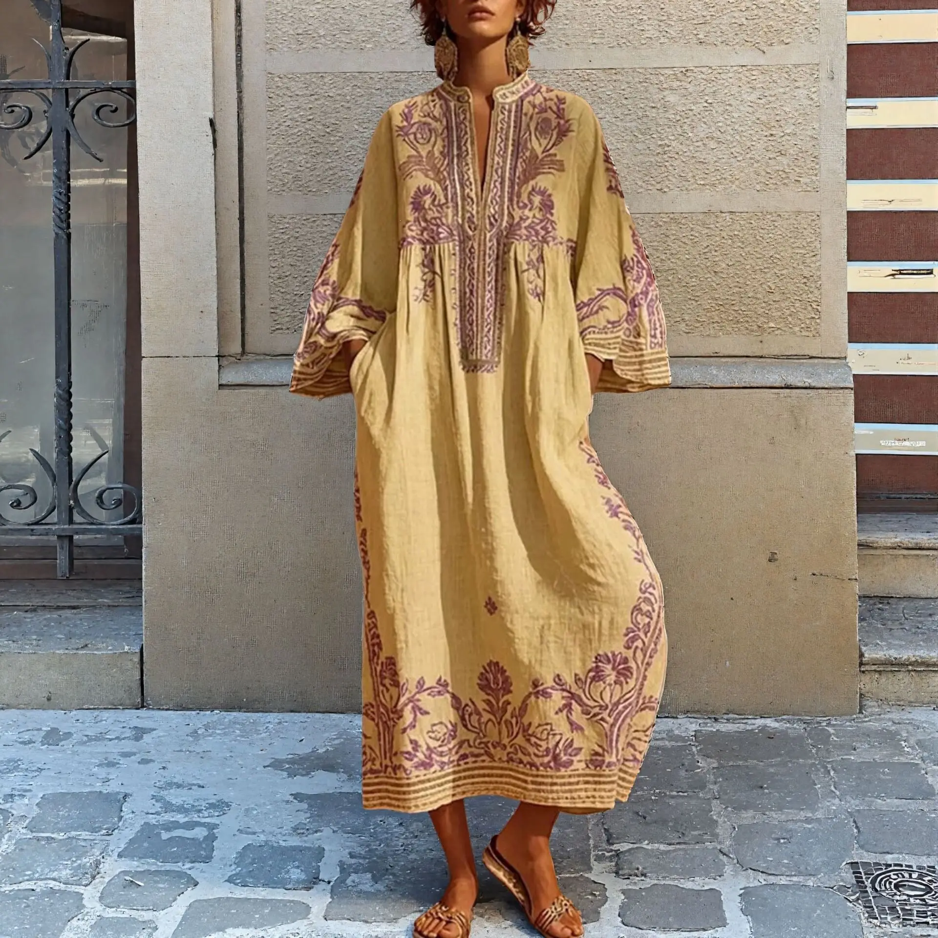 

Women Bohemian Ethnic Floral Print Maxi Dress Half Open Collar 3/4 Sleeve Pocket Loose Fit Casual Holiday Retro Long Dress