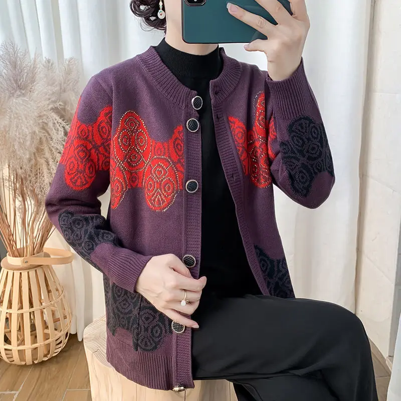 Vintage Printed Button Pockets Diamonds Cardigan Sweaters Women\'s Clothing 2023 Autumn Winter Oversized Knitted All-match Tops