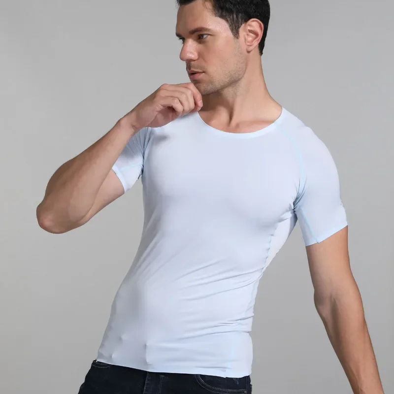 Summer Men Ice Silk Shirt Short Sleeves Seamless Round Neck Top Bodybuilding Thin T-shirt Elastic Breathable Undershirt Pullover