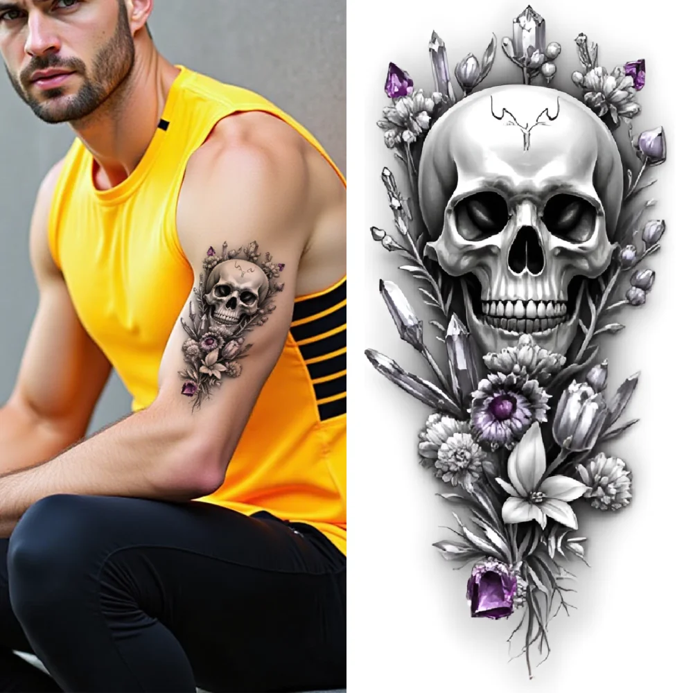 

3pcs Temporary Tattoo Wolf And Skull Realistic Temporary Tattoos Horned Skull Skull With Gems And Flowers For Thighs Adults