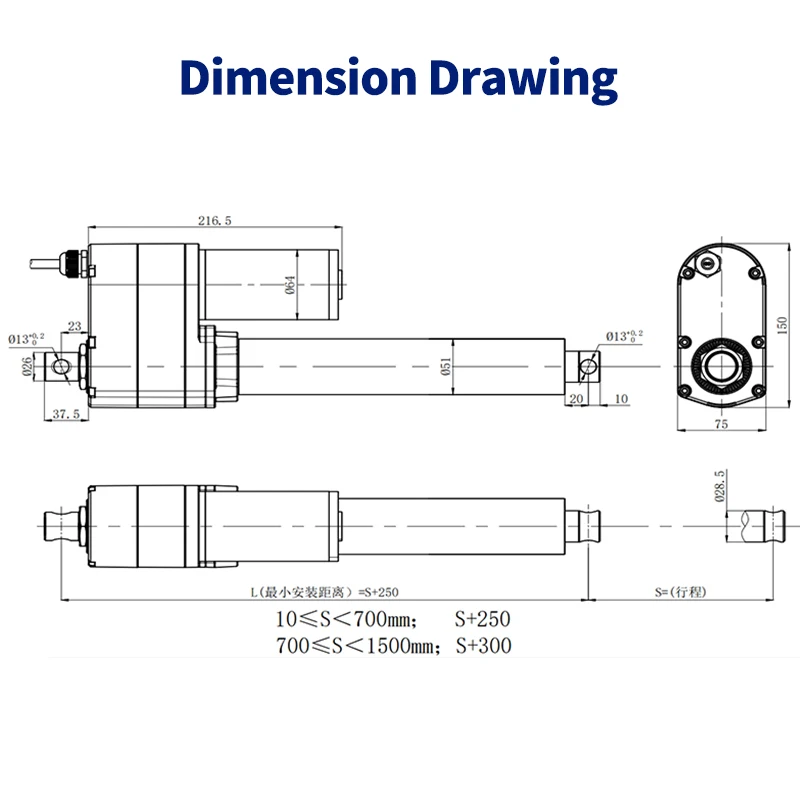 SMSAN  1000N Linear Actuator 12V 24V IP65 50mm 100mm 200mm 300mm 400mm 500mm Stroke Solar Tracker Motorisation Motor 67mm/s