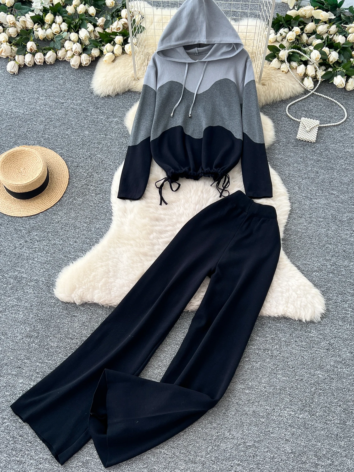 Laid-ba Sle Set maglione lavorato a maglia da donna Pantaloni larghi a gamba larga Felpa con cappuccio lunga Sve Vita alta Autunno Inverno Faion Ensemble