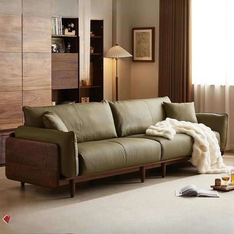 Nordic solid wood sofa, straight row small apartment walnut living room leather sofa is simple