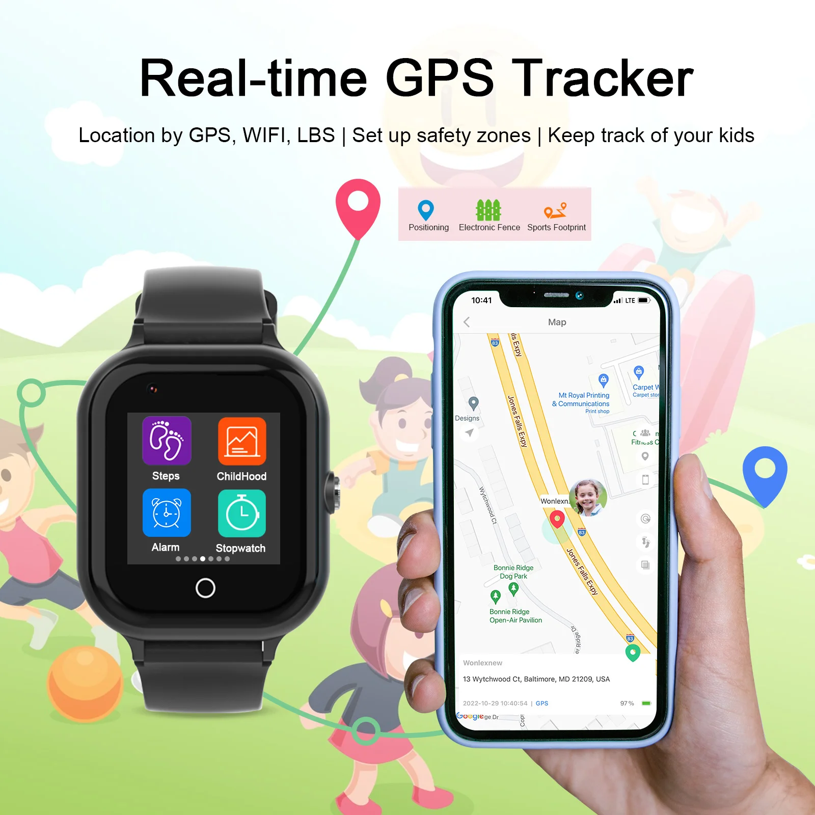 ساعة Wonelex 4G Kids الذكية GPS/WiFi Tracker، مكالمة فيديو WhatsApp، تنبيه SOS والاهتزاز - ساعة هاتف آمنة للأطفال KT24
