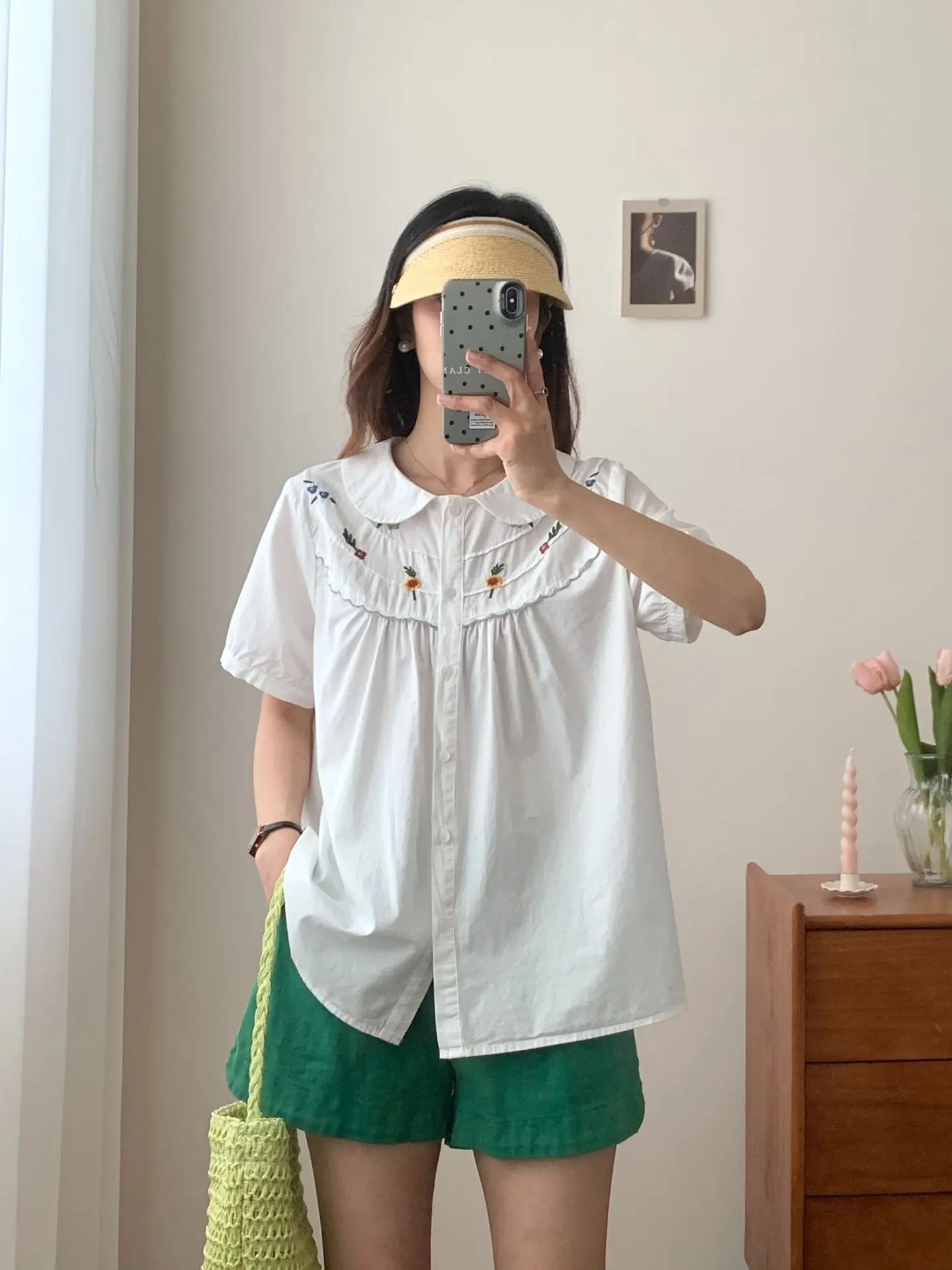 New 2025 Summer Cotton Short Sleeve Shirt, Women Peter Pan Collar Embroidery, Mori Girl Sweet Casual INS Loose Blouse T55521CC