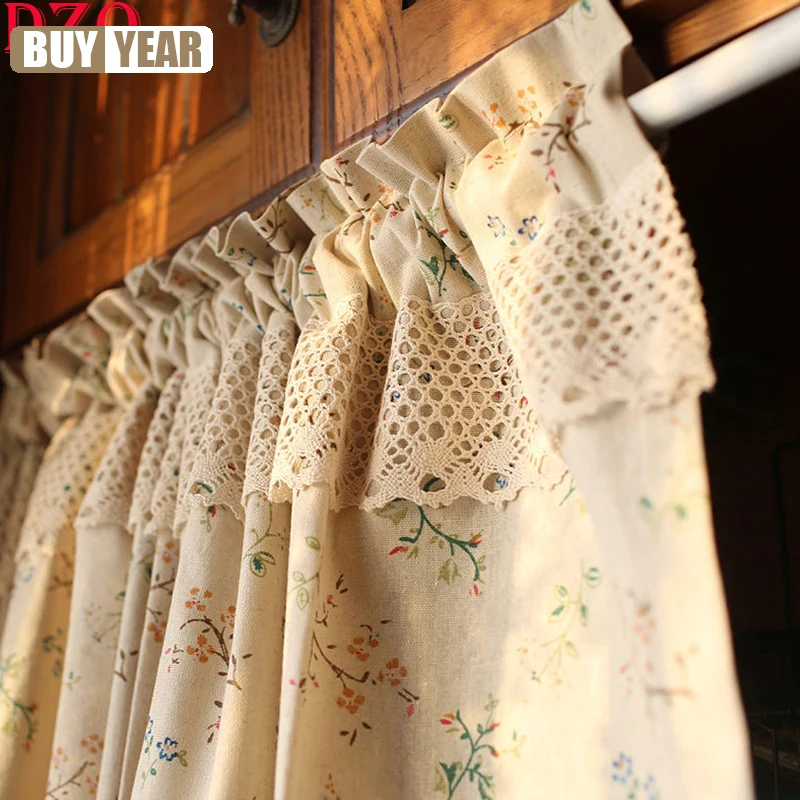 

Korean Pastoral Style Linen Floral Short Curtains For Kitchen Linen Lace Half Curtain For Roman Window Door #A031