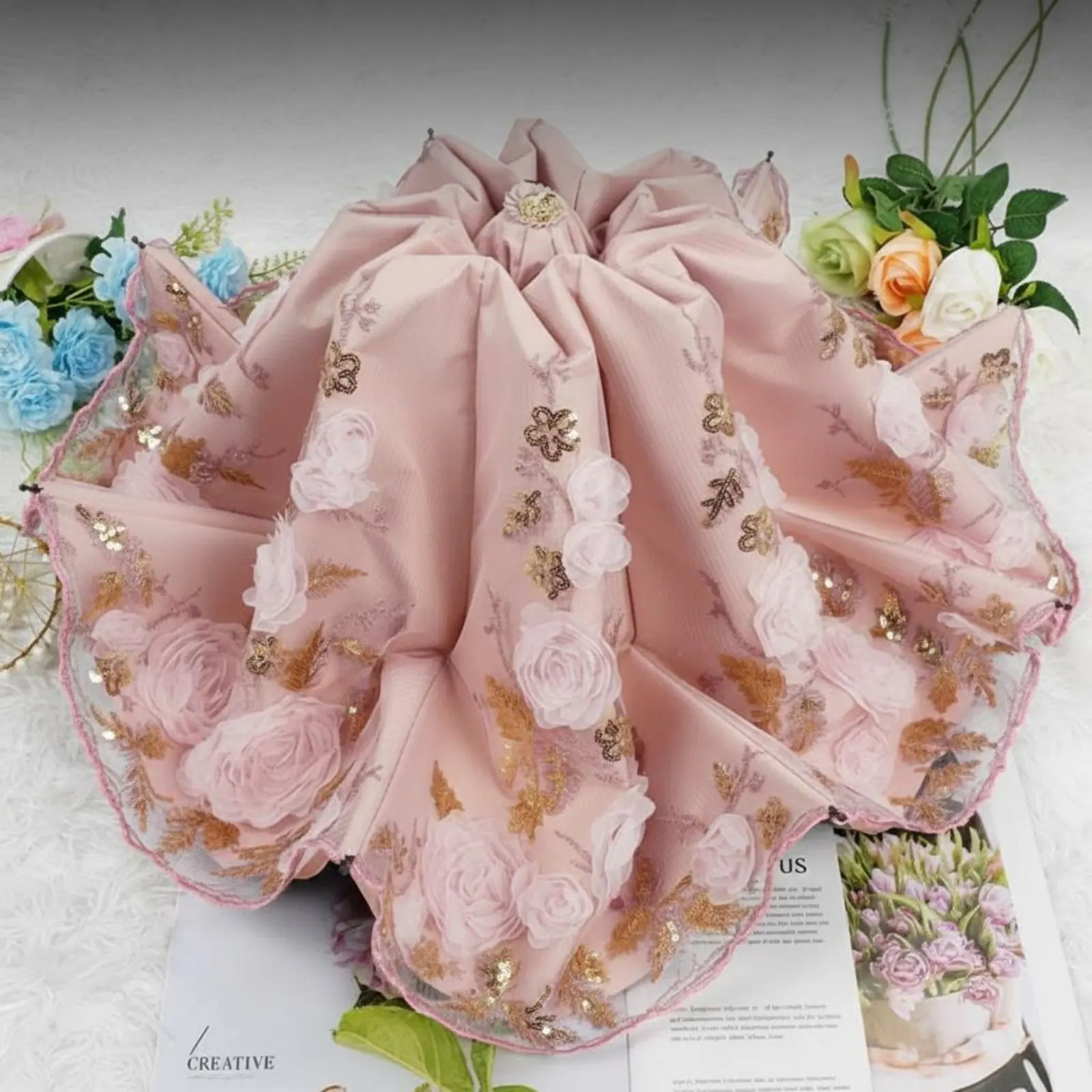 

Lace Embroidery Folding Umbrella, UPF50+ Sun & Rain Parasol