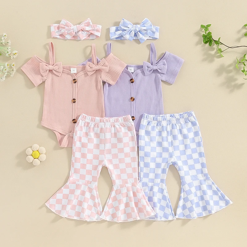 3Pcs Infant Baby Girl Clothing Outfit Romper Top Elastic Waist Flare Pants Headband For Newborn Baby Girl Summer Clothes Set