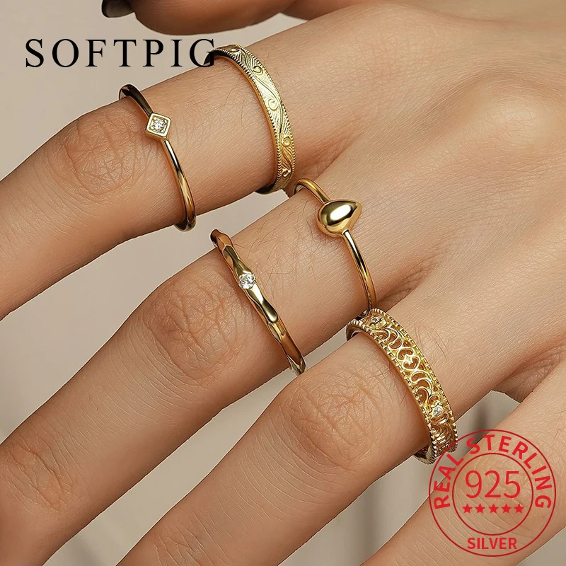 

SOFTPIG Real 925 Sterling Silver Zircon Hollow Minimalist Ring for Charm Women Trendy Fine Jewelry Light Luxury Accessories