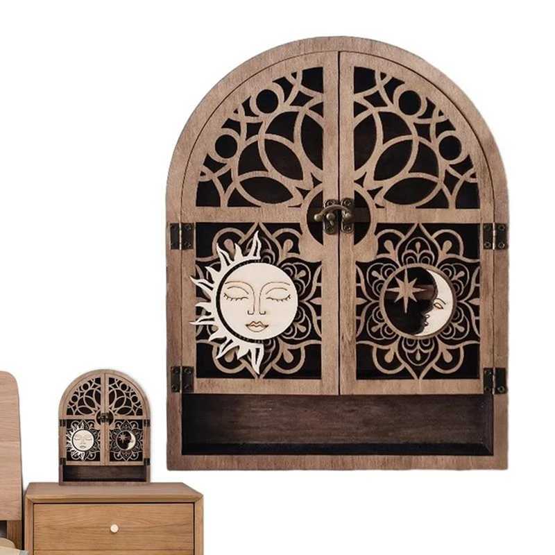 

Creative Decor 4 Shelves Natural Wooden Shelf Gothic Witchy Crystal Display Case For Living Room