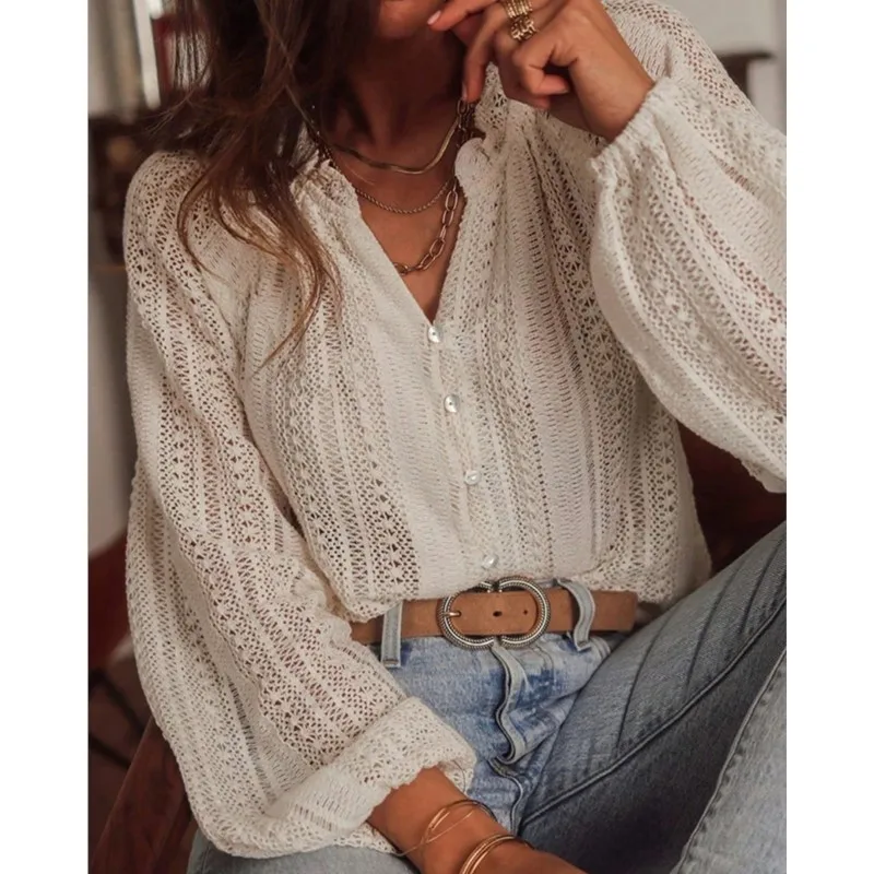 

Women Long Sleeve Blouses & Shirts Summer Elegant Solid V-neck Buttons Ladies Blusas Boho Beach Hollow Out Lace Casual Top