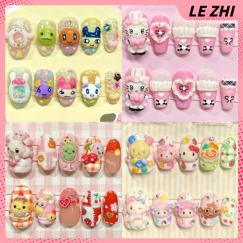 

10Pcs 3D Cartoon Hello Kitty Rilakkuma Short Square Ellipse Handmad Press On Nails Star Love Sequins Bowknot Biscuit False Nails