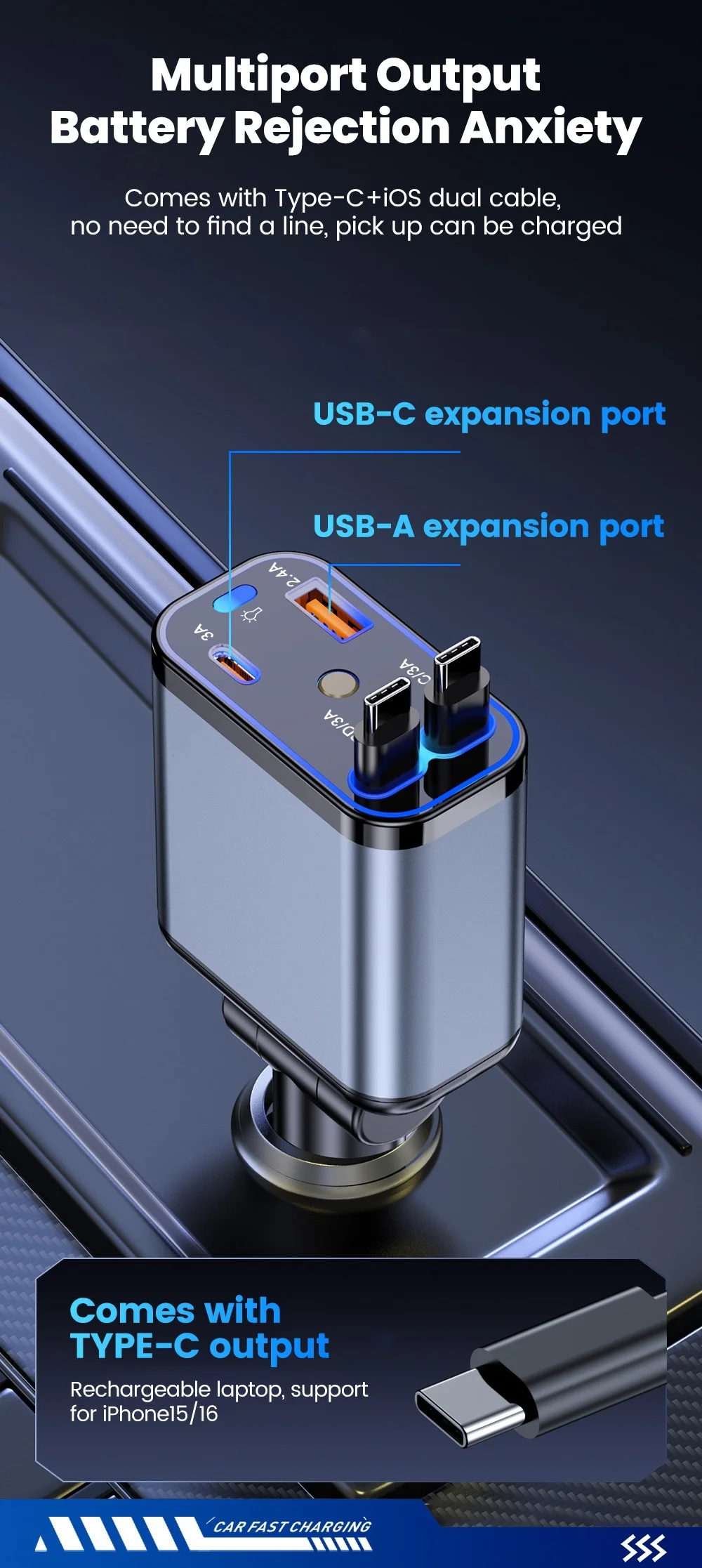 4-in-1-Autoladegerät mit Sternenhimmel-Spotlight, einziehbares Autoladegerät mit Ladekabel und 2 Ladeanschlüssen, universelles Autoladegerät – Detail 3