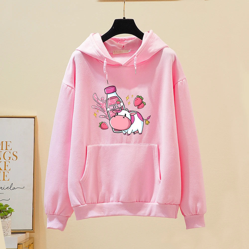 

Strawberry Milk Pink Cow Hoodie Oversized Cartoon Printed Sweatshirt Women Warm Hooded Pullovers Harajuku Girls/Boy Sweatshirts