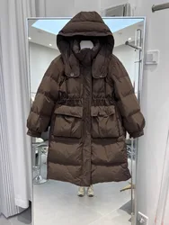 2024 New Winter White Duck Down Jacket Women Long Loose Hooded Zipper Big Pocket Down Coat Female Casual Fashion Warm Korean