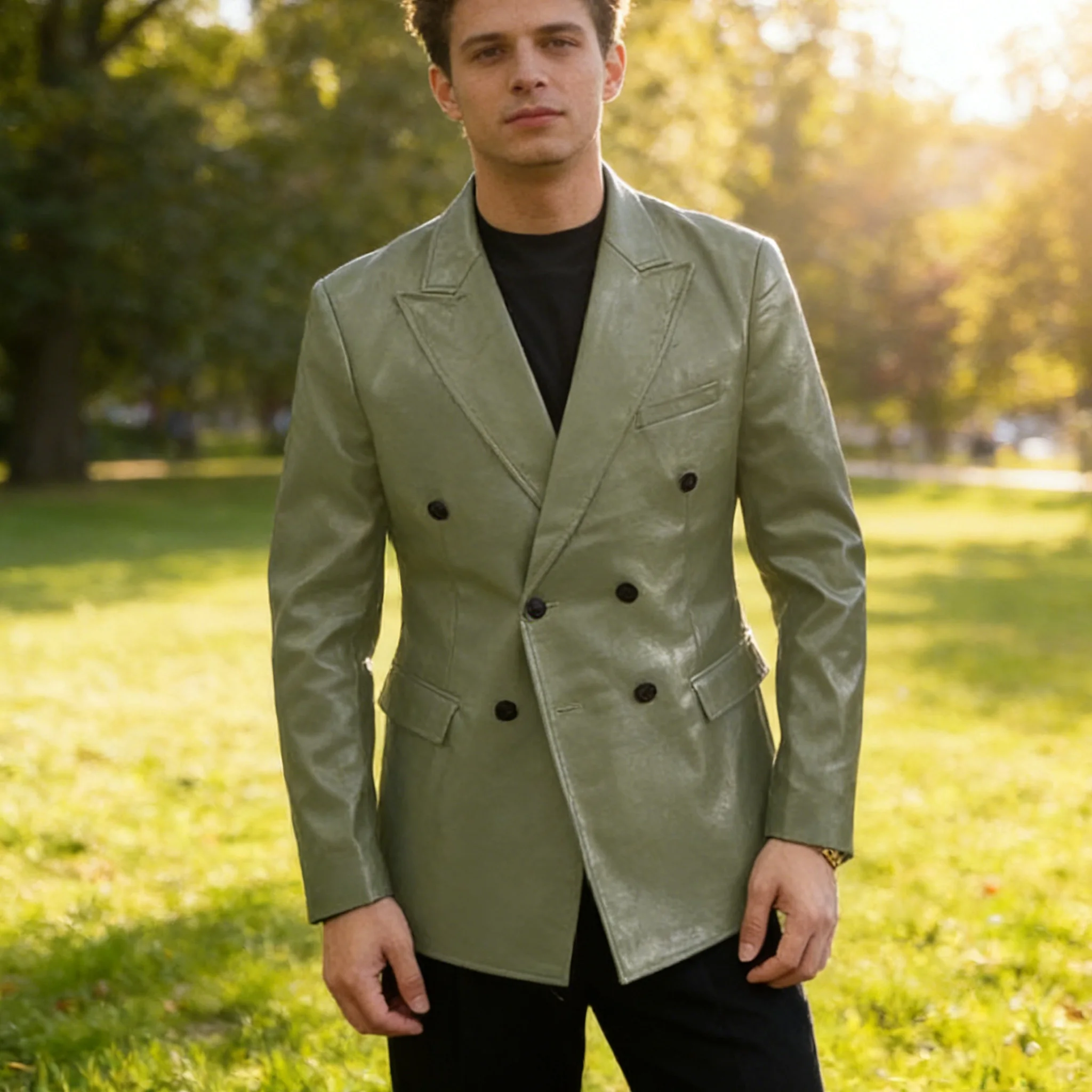 

Vintage Faux Leather Blazer Jacket For Men High Quality Double Breasted Peak Lapel Gentleman Business Casual Waterproof Coat