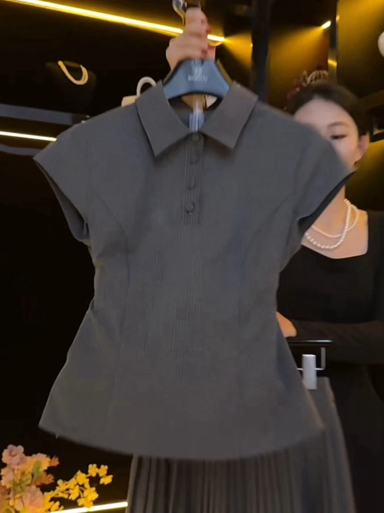 

ay Collar ort Sve T-irt Women's Slim Fit Summer Design Unique Sli Top Korean Sle Commute Pure Color