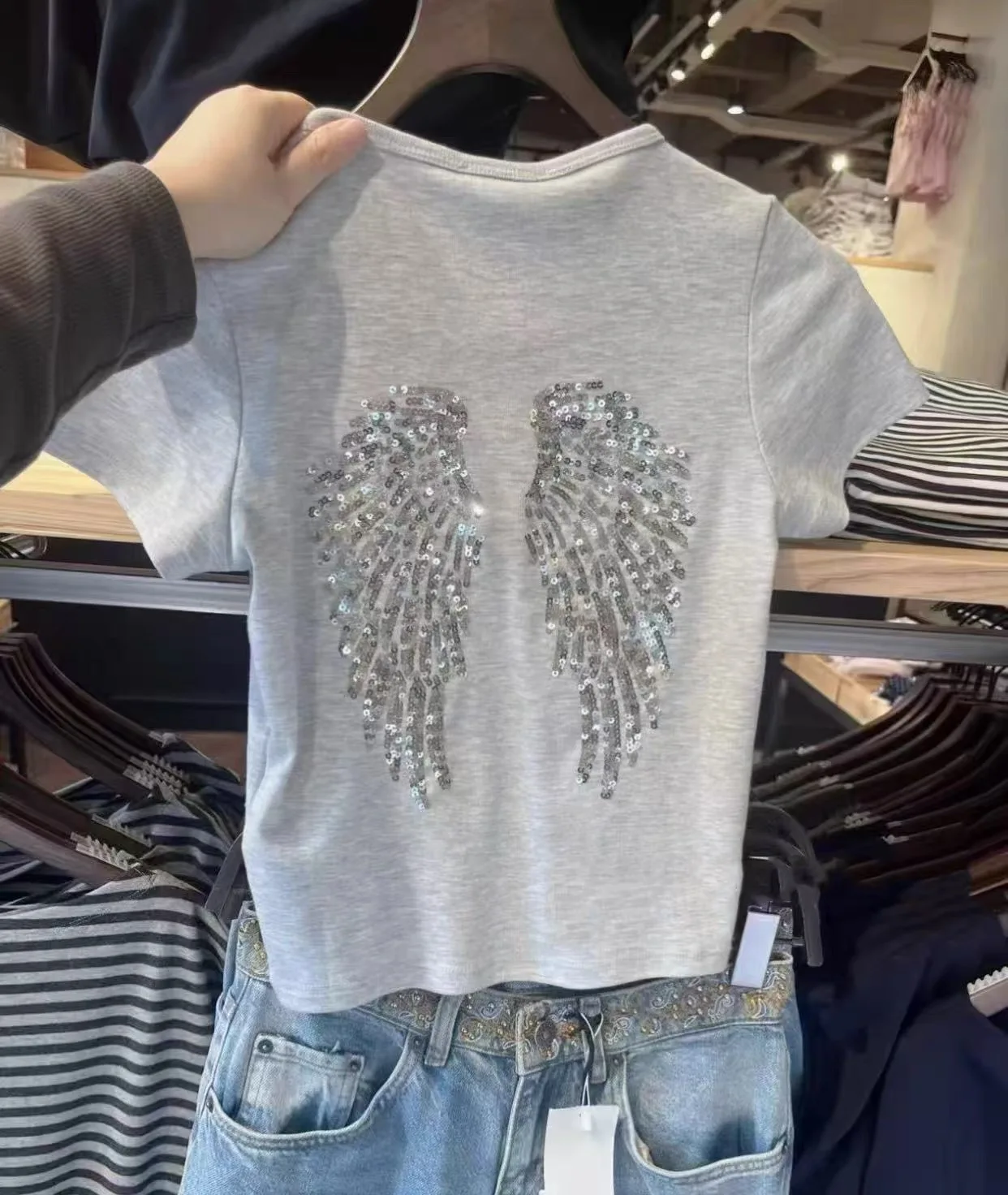 2026 Y2K retro cotton T-shirt 26 spring and summer new women's round neck sequined wings decorated slim knitted short sleeves