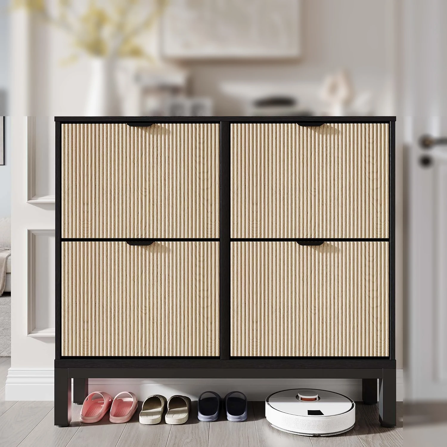 Schuhschrank mit 4 Klappschubladen, geriffelter Schuh-Organizer, freistehend, verstecktes, schmales